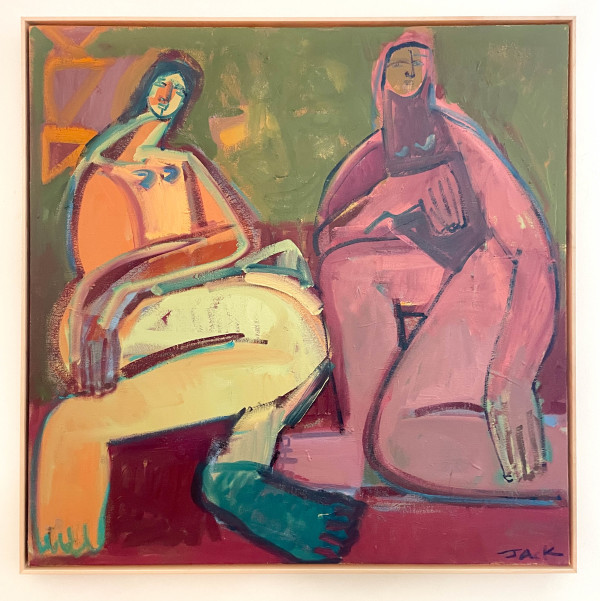 Two women on a red blanket by REBECCA JACK OLTMANNS