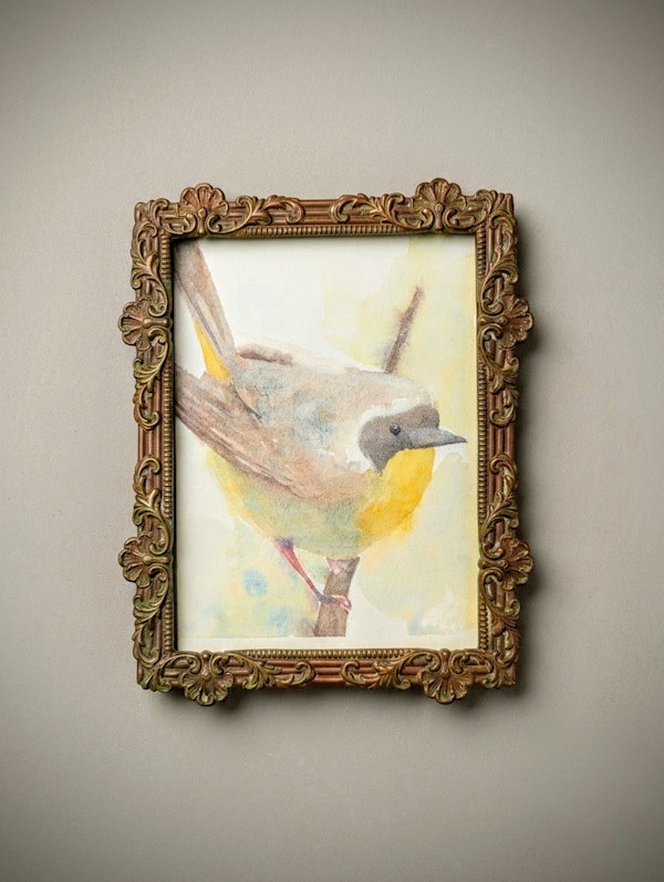 Woodland Visitor: Common Yellowthroat in Solid Brass Vintage Frame by María Ayllón, Image 1.