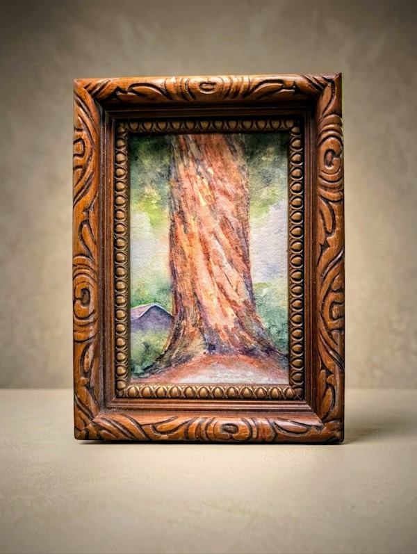 Redwood Cabin | Original Forest Art in Ornate Carved Wood Frame by María Ayllón, Image 1.