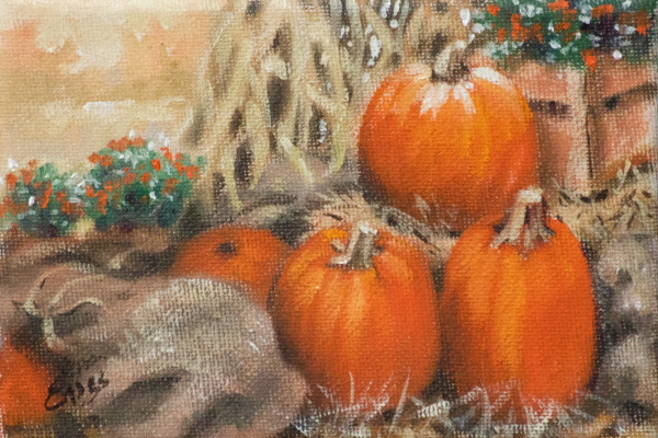 Burlap Bags and Pumpkins by Linda Eades Blackburn