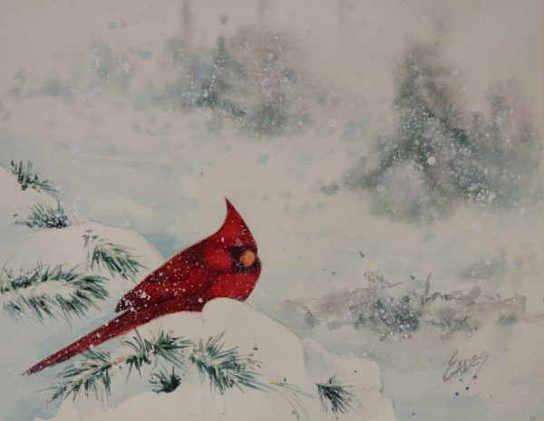 Cardinal on a Snow Covered Pine by Linda Eades Blackburn
