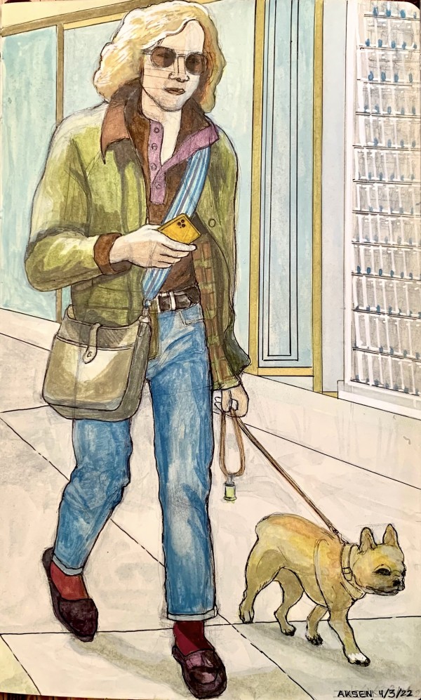 Young Man Walking His Dog NYC by Lisa Aksen