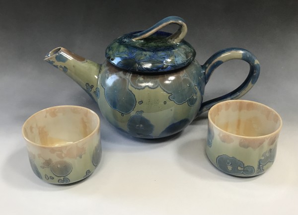 Blue and Green Tea Pot with 2 cups