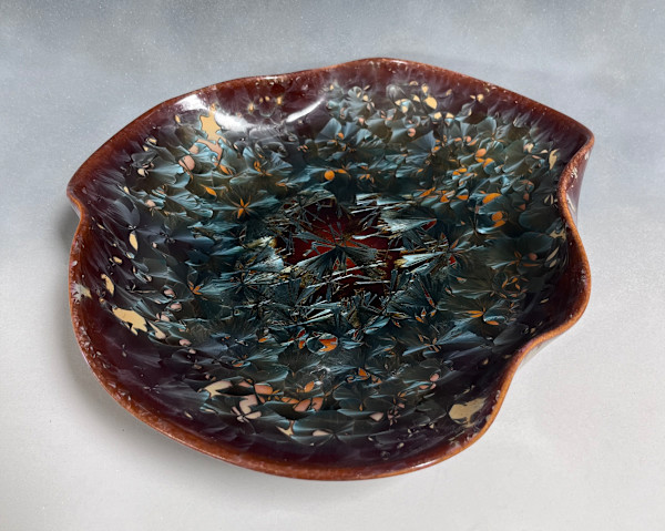 Orange with blue crystals sculpture plate by Nichole Vikdal