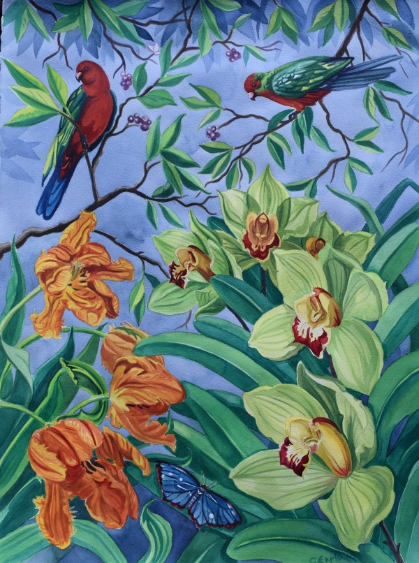 parrots  and orchids by cathy earle