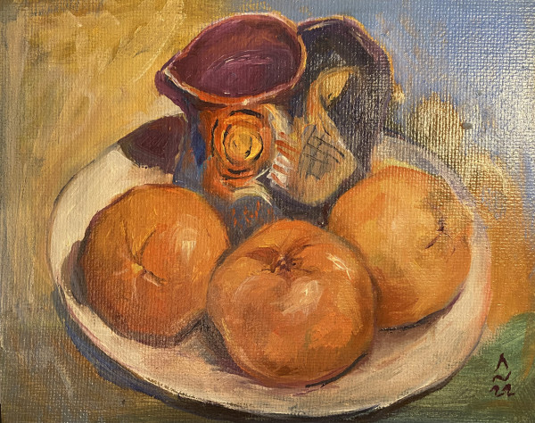 Still life with pot and three oranges