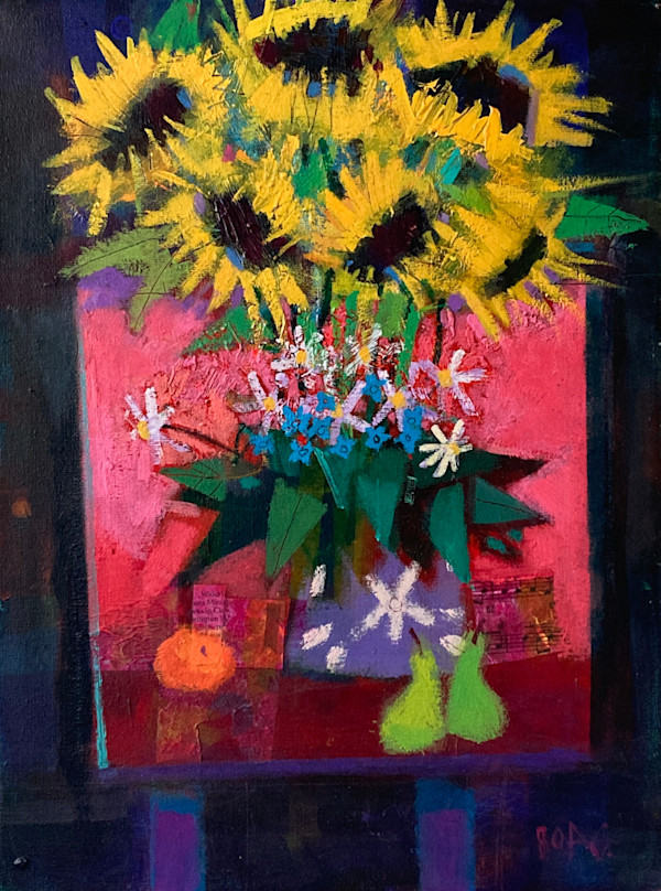 Sunflowers on pink table by francis boag