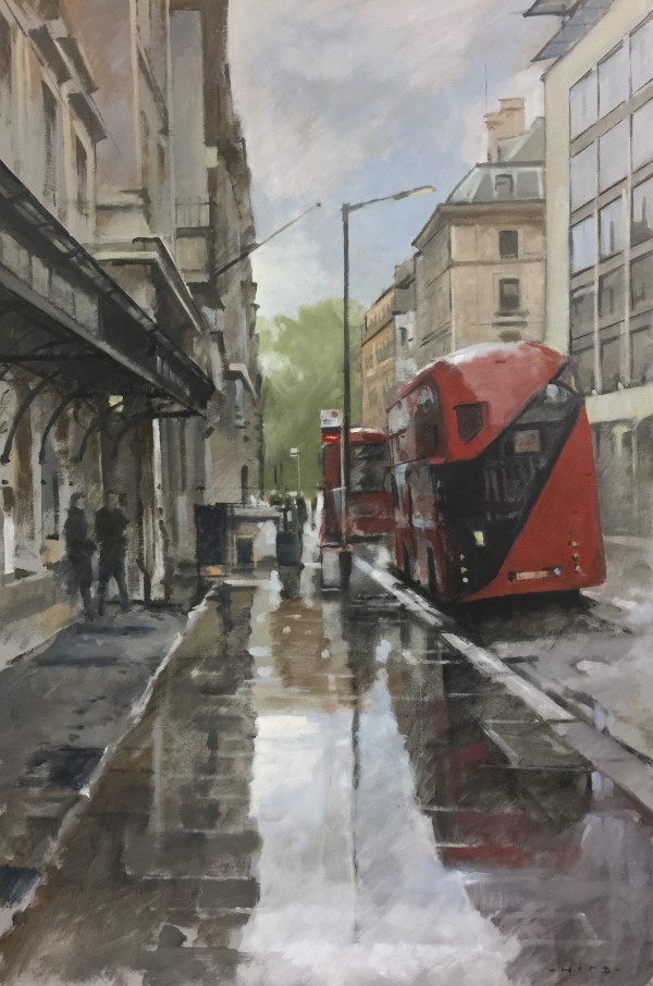 Buses, Charles II Street, wet day by Andrew Hird