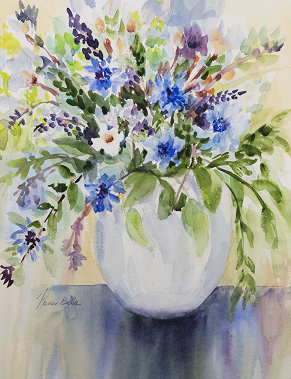 Mixed Flowers in White Vase by Tanis Bula