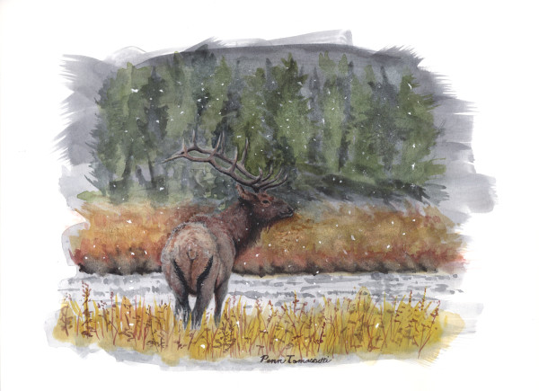 Bull Elk by a Snowy River by Penn A. Tomassetti