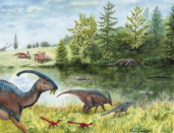 Parasaurolophus Family by the Lake by Penn A. Tomassetti