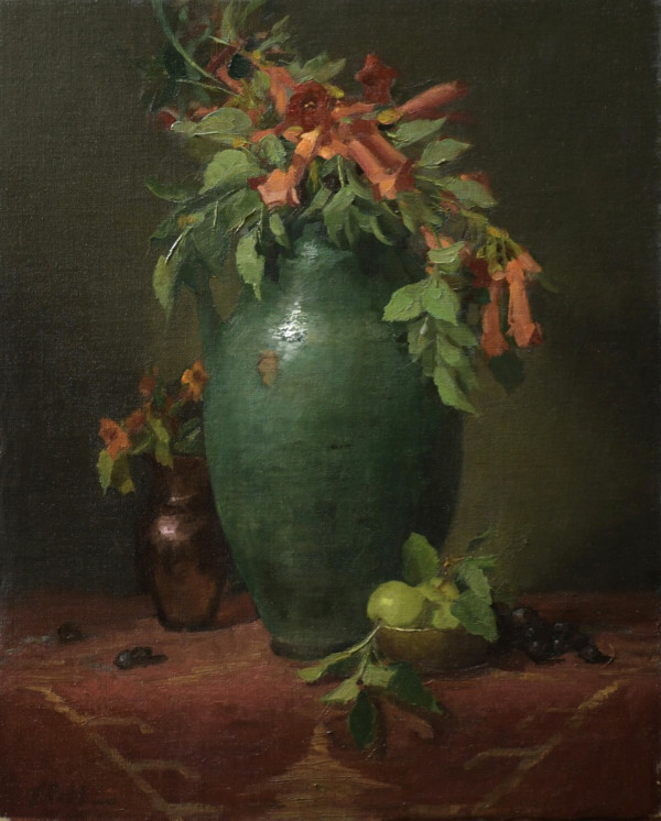 Trumpet Vines in Green Vase