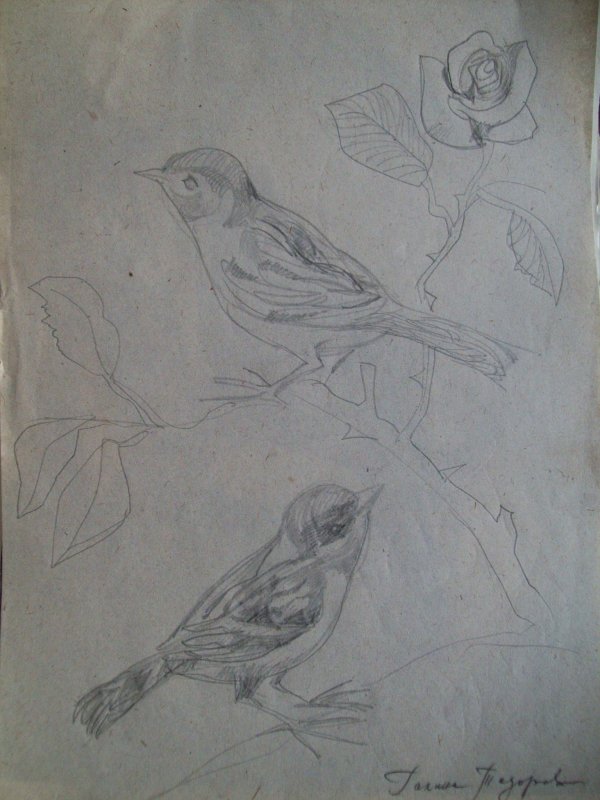 Birds at a rose branch by Gallina Todorova