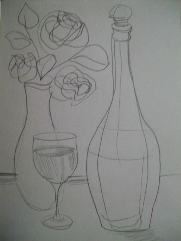 Wine glass and bottle with a roses vase by Gallina Todorova