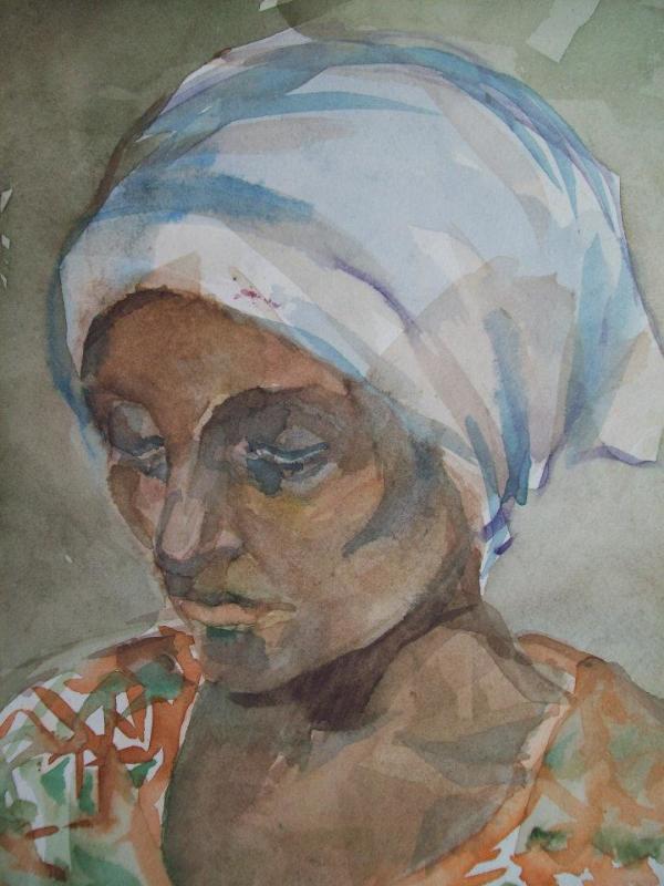 My mother with a white headscarf by Gallina Todorova