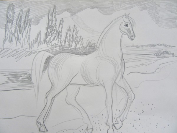 Horse with a mountain landscape