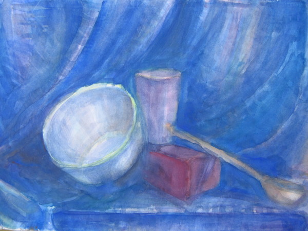 Still life with metal bowl and a blue drapery