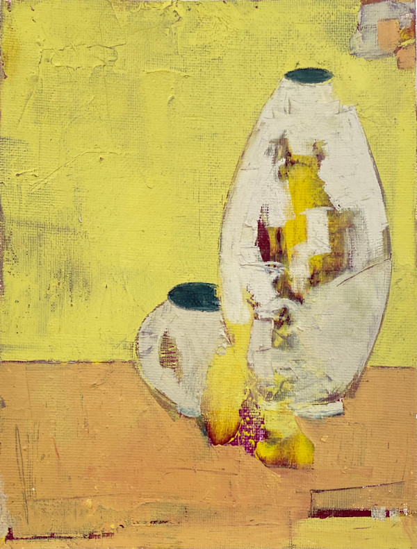 Vessles in yellow and peach field by Kate Burnim