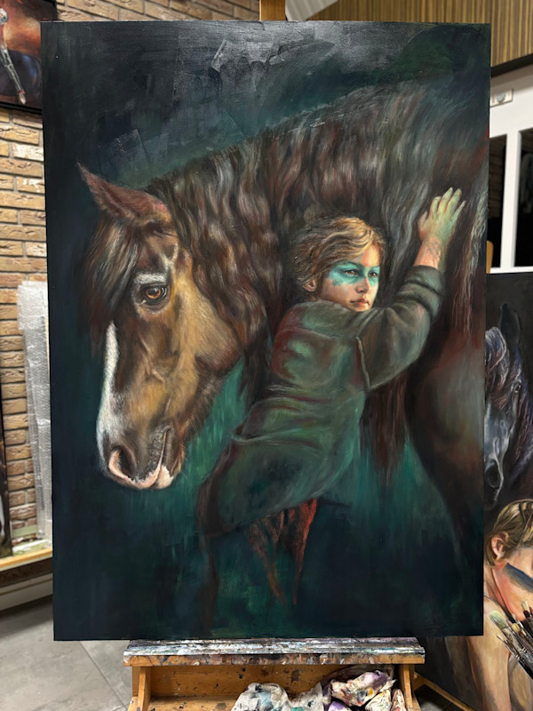 Boy with brown horse by Mirelle Vegers