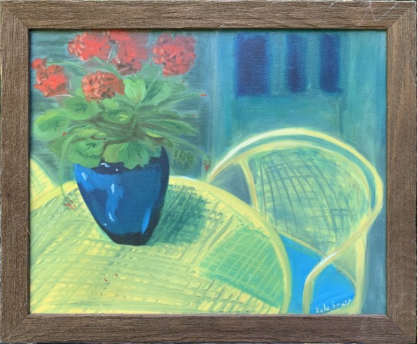 Yellow Chairs Red Geranium by Kate Emery