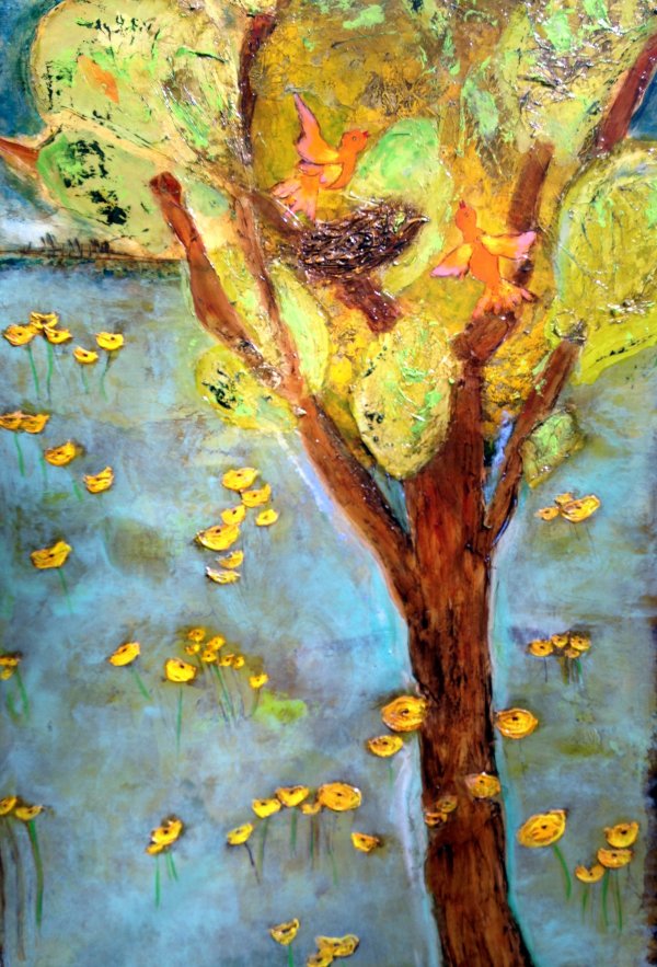 Bird Tree with Yellow Poppies by Anne Hempel