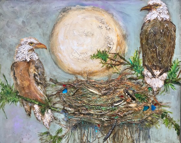Bald Eagles and Nest with Full Moon-commission Audrey by Anne Hempel