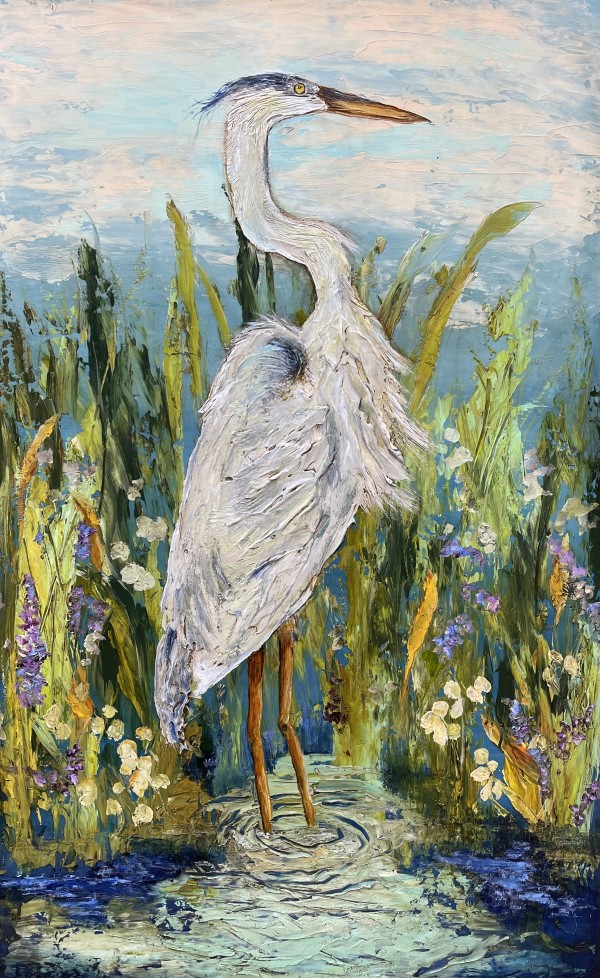 Heron Among the Swamp Flowers by Anne Hempel