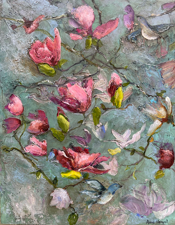 Japanese Magnolia with bluebirds by Anne Hempel