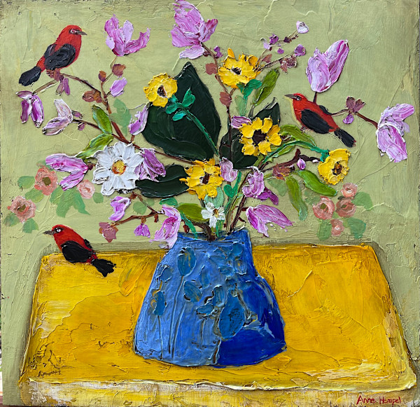 Scarlet Tanagers Find Bouquet by Anne Hempel, Image 1.