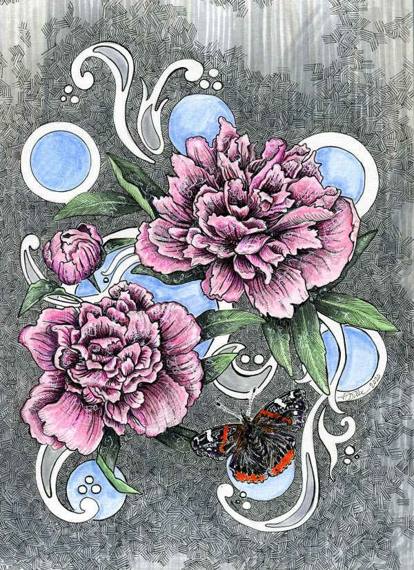Painted Peonies with Red Admiral