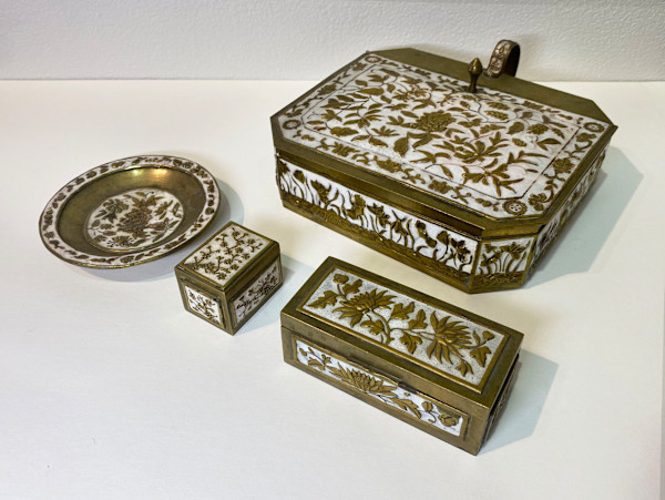 5201 - Set of Chinese Brass Lidded Box White Enamel Cloisonné Floral, Image 14.