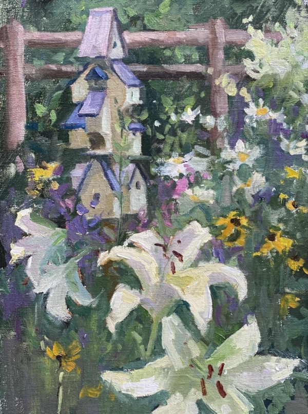Birdhouse and Lillies by Katie Dobson Cundiff