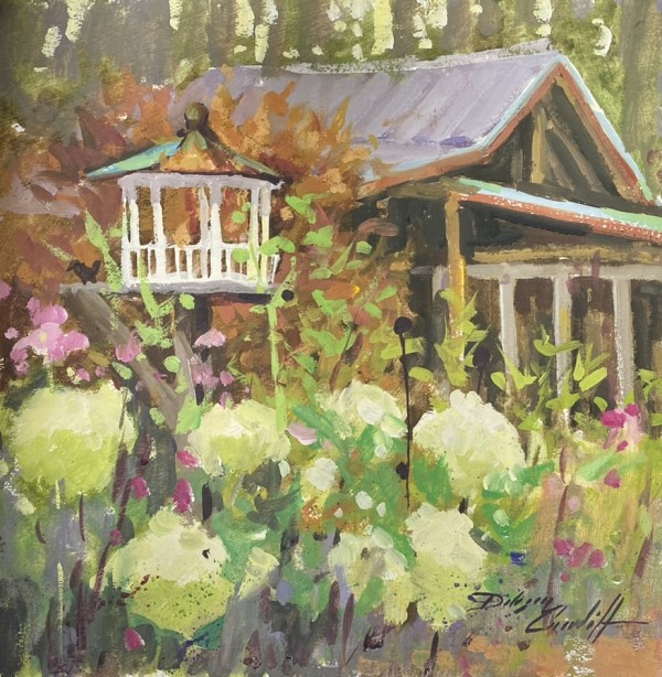 Birdhouse, Hydrangeas, and Barn by Katie Dobson Cundiff