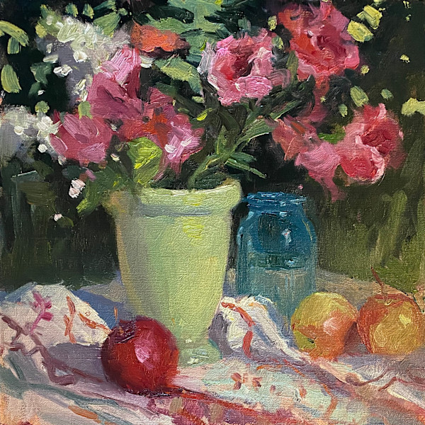 Still Life with Green Vase & Apples by Katie Dobson Cundiff