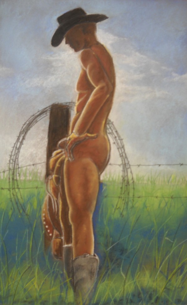 Nude Cowboy by the fence by John Vernon Nelson