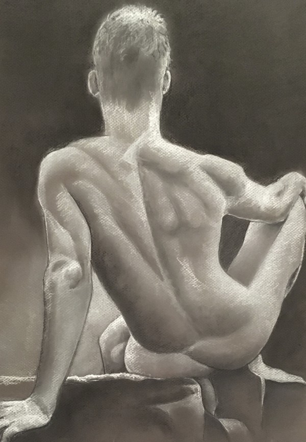 Back of a male nude sitting on the rocks by John Vernon Nelson