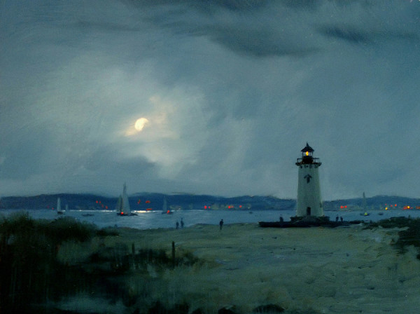 Full Moon over Edgartown Light by William R Davis