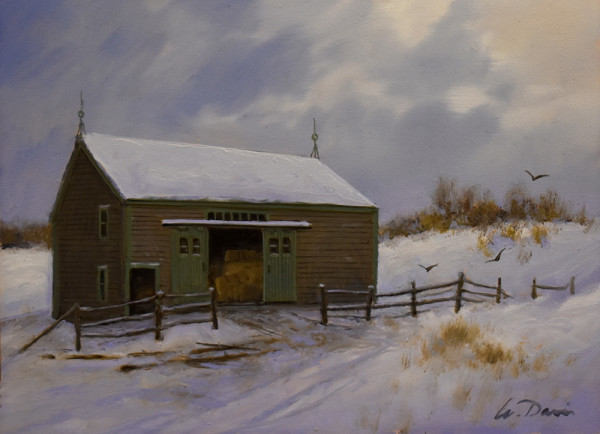 Hay Barn and Early Snow by William R Davis