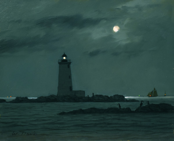 Moonlight over Whaleback Light by William R Davis