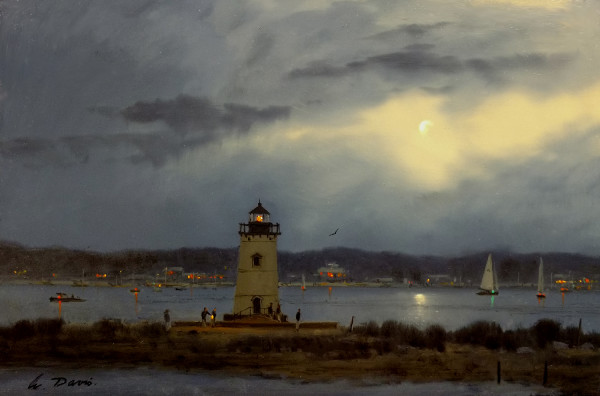 Moonlight over Edgartown Light by William R Davis