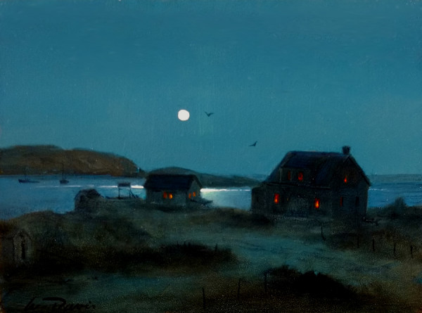 Monhegan Moonlight oil sketch by William R Davis