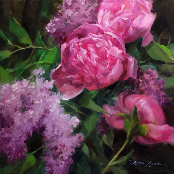 Lilacs and Pink Peonies by Anna Rose Bain