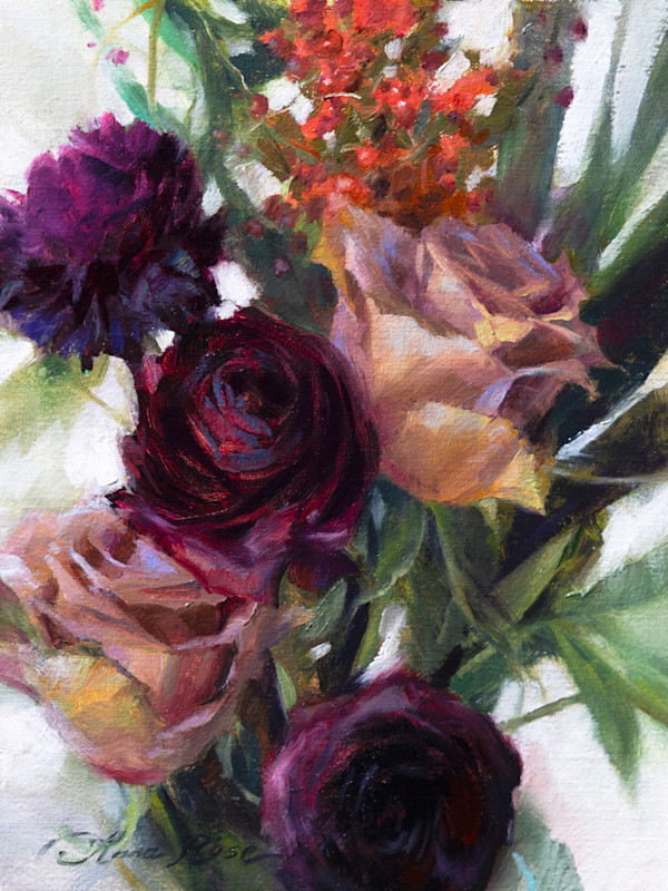 Dark Purple Ranunculus and Roses by Anna Rose Bain