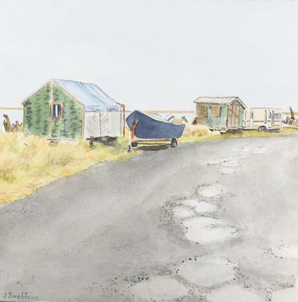 Yakutat Fishing Camp #8 Blue Boat and Wet Road by Judy Steffens