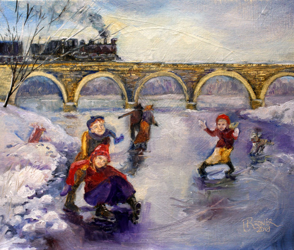 Ice Skating on Turtle Creek by the Stone Train Bridge by Lynette Redner