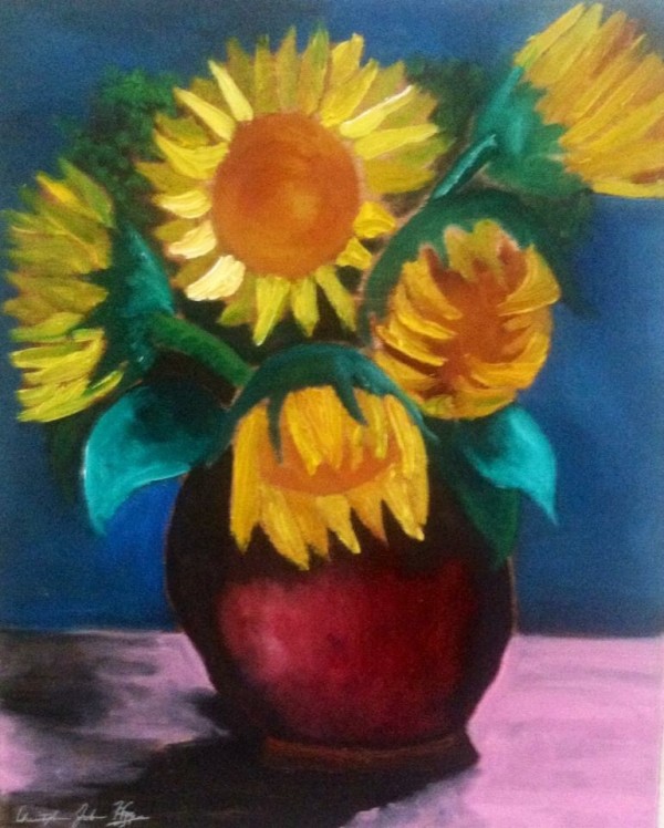 Red Vase with 4 Sunflowers-SOLD by Christopher Hoppe