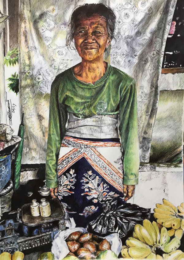 7th Place - Deborah Tomasowa – “Old Fruit Vendor Lady in Yogyakarta” – www.dtomasowa.wixsite.com/debs-artbox by Deborah Tomasowa