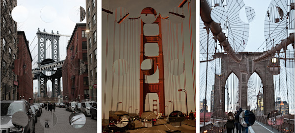 Dotted Landscapes triptych (Manhattan Golden Gate Brooklyn Bridges) by Tina Psoinos, Image 1.