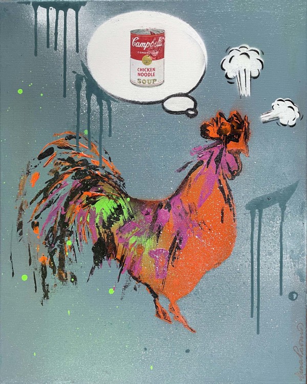 Rooster Dreams of Warhol (Orange on Dusty Blue) by Tina Psoinos