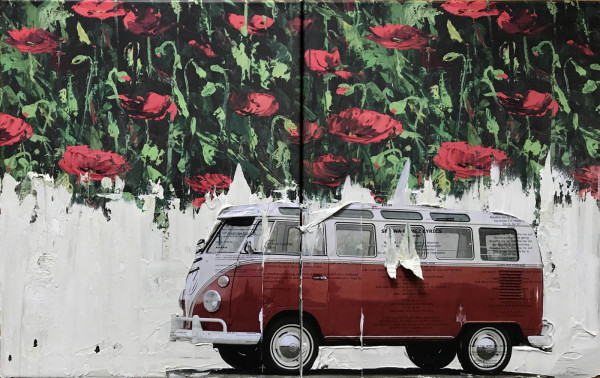 VW Van Red on Poppies A1 by Tina Psoinos